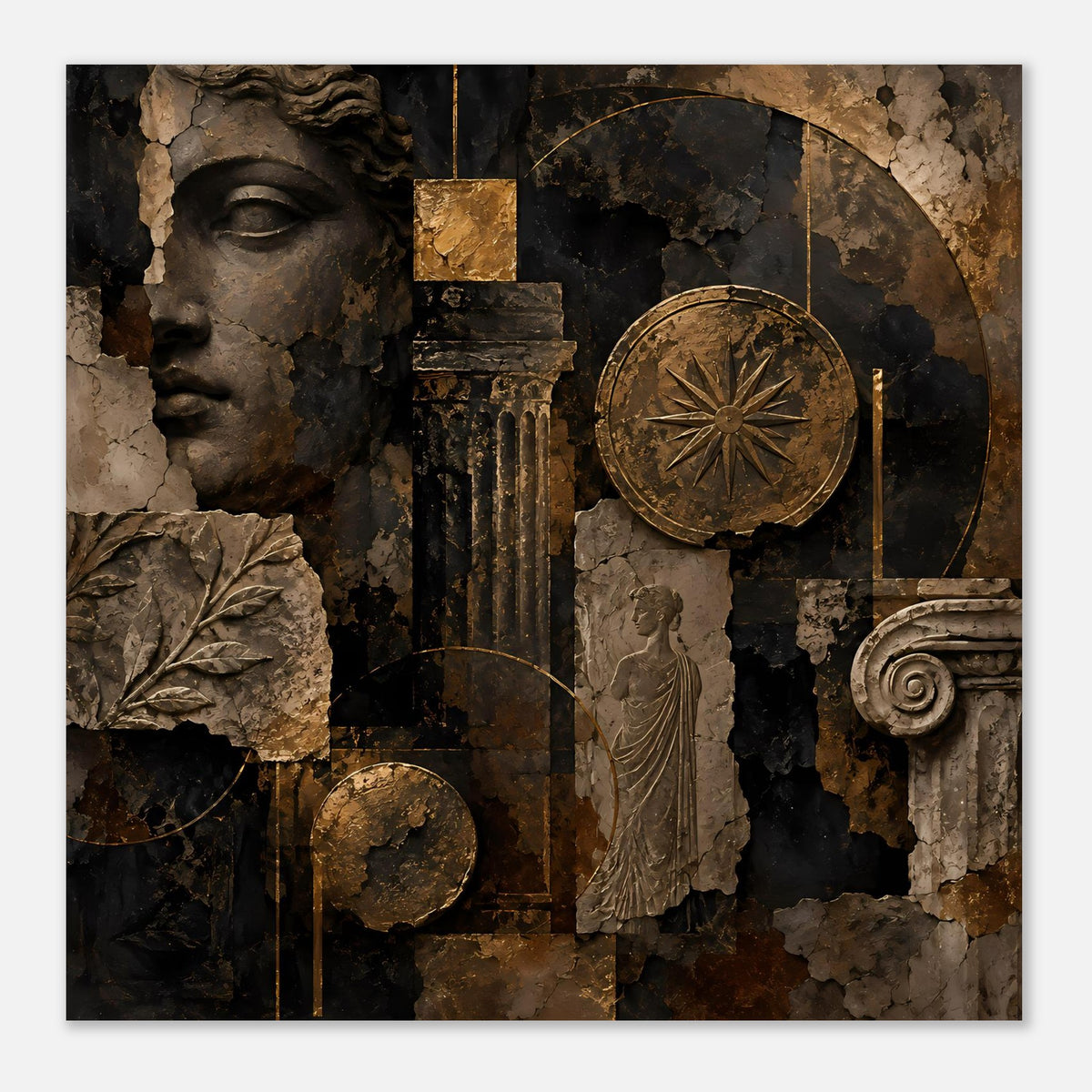 Wandposter mit antiker Büste, Blattmotiv und Medaillon, Bronze- und Schwarzstruktur