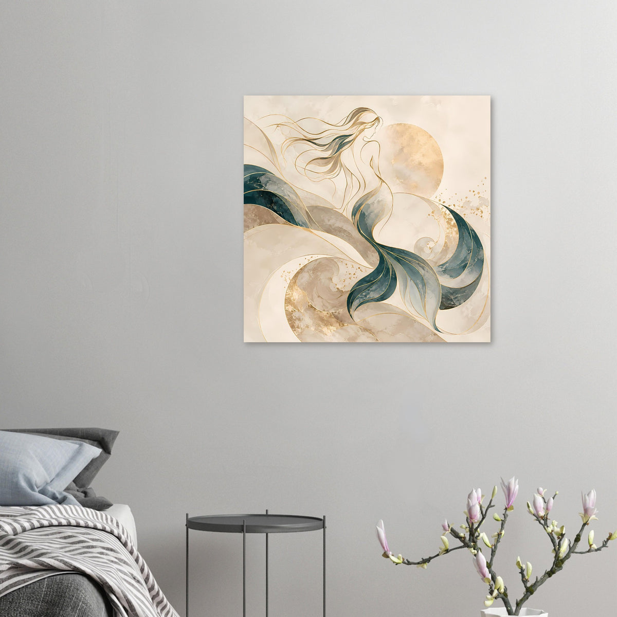 Kleines Fantasy-Kunstposter mit Meerjungfrau, creme, türkisblau und goldenen Akzenten
