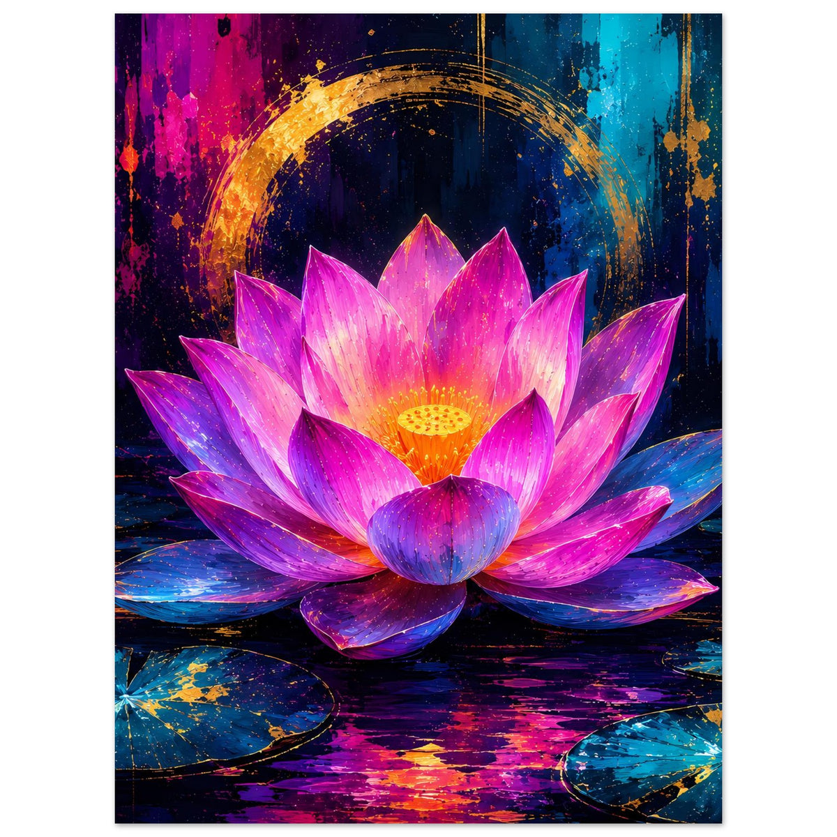 Blumenposter mit leuchtender Lotusblüte in Rosa und Violett, goldener Mitte, rundem Lichtkranz