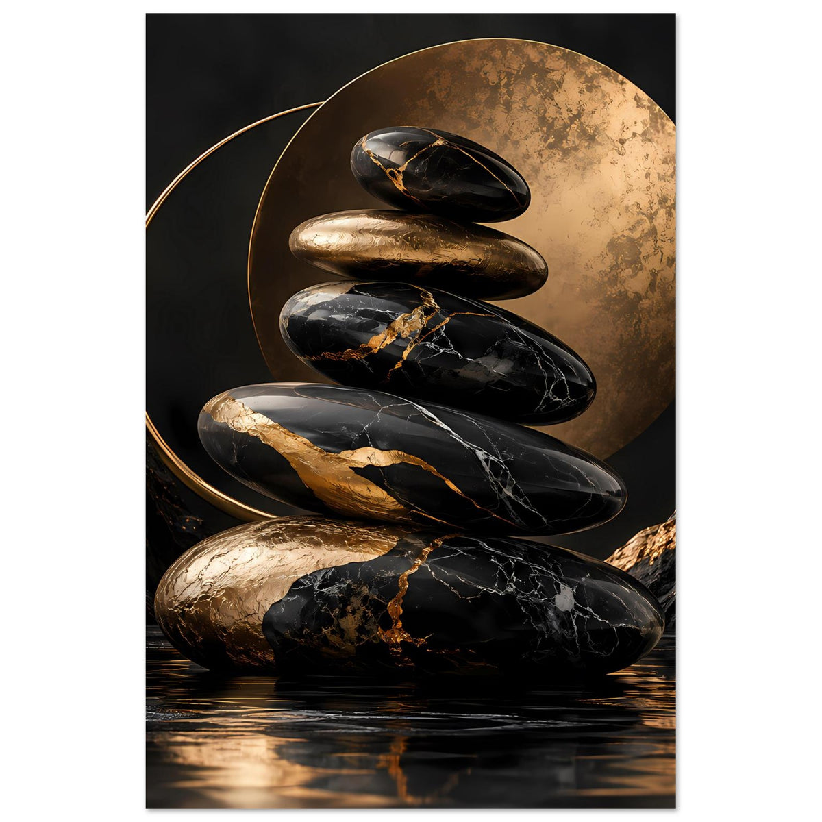 Hochformat-Poster mit Zen-Steinen: schwarzer Marmor und goldener Kreis im Hintergrundmotiv