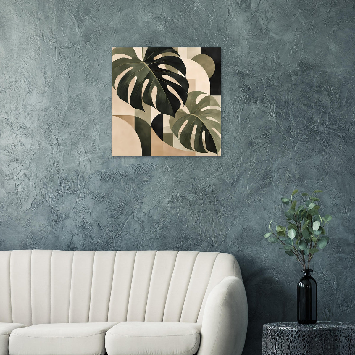 Quadratisches Poster mit abstrakten Monstera-Blättern in Salbeigrün und Beige
