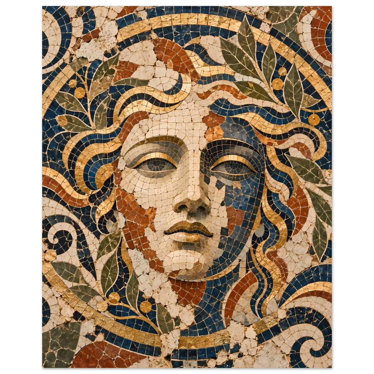 Mosaik-Göttin Poster mit Kopf und Augen, beige Mosaikgrund, blaue Wellen- und Blattmotive