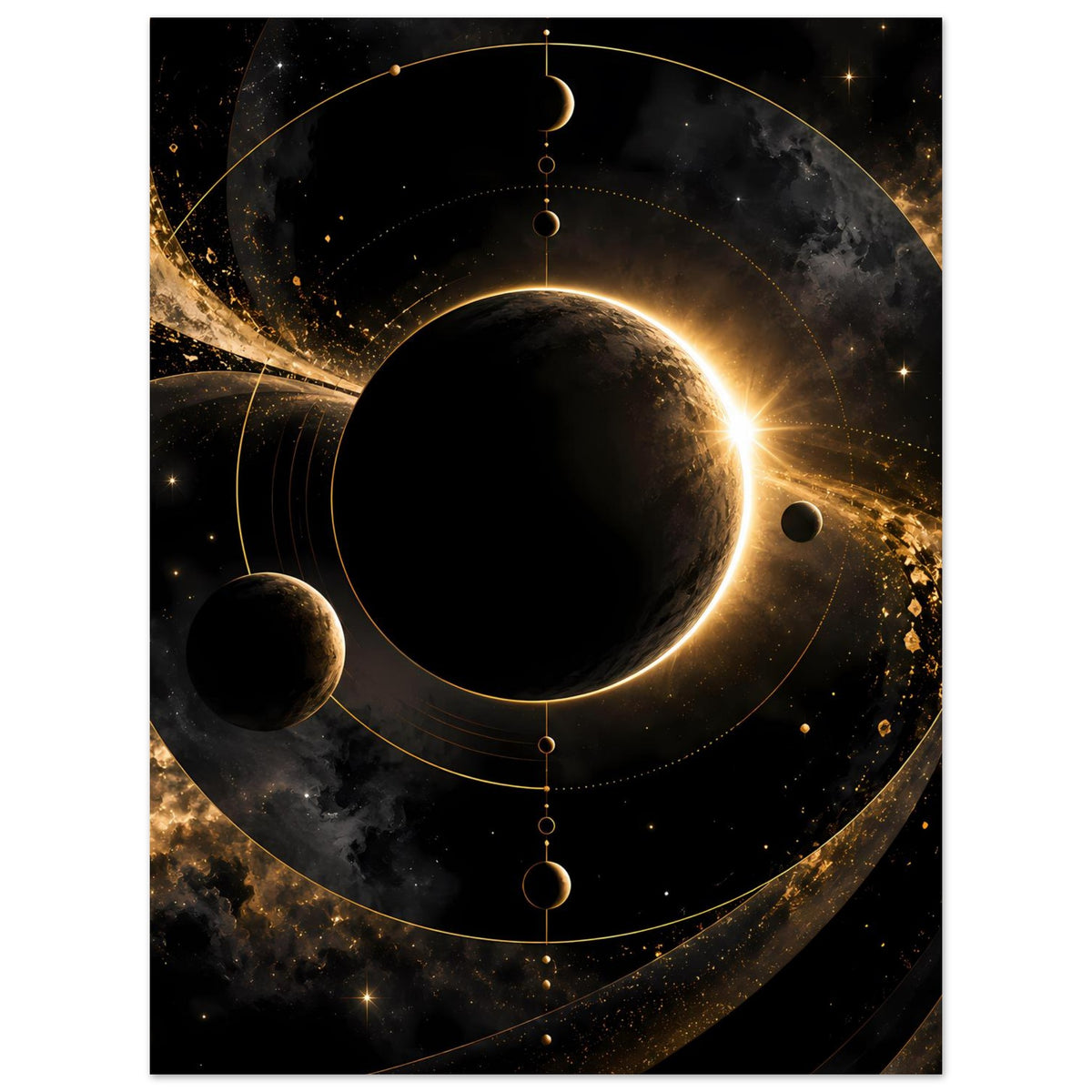 Weltraum-Poster mit dunklem Planeten, goldenem Ring und leuchtendem Lichtstrahl