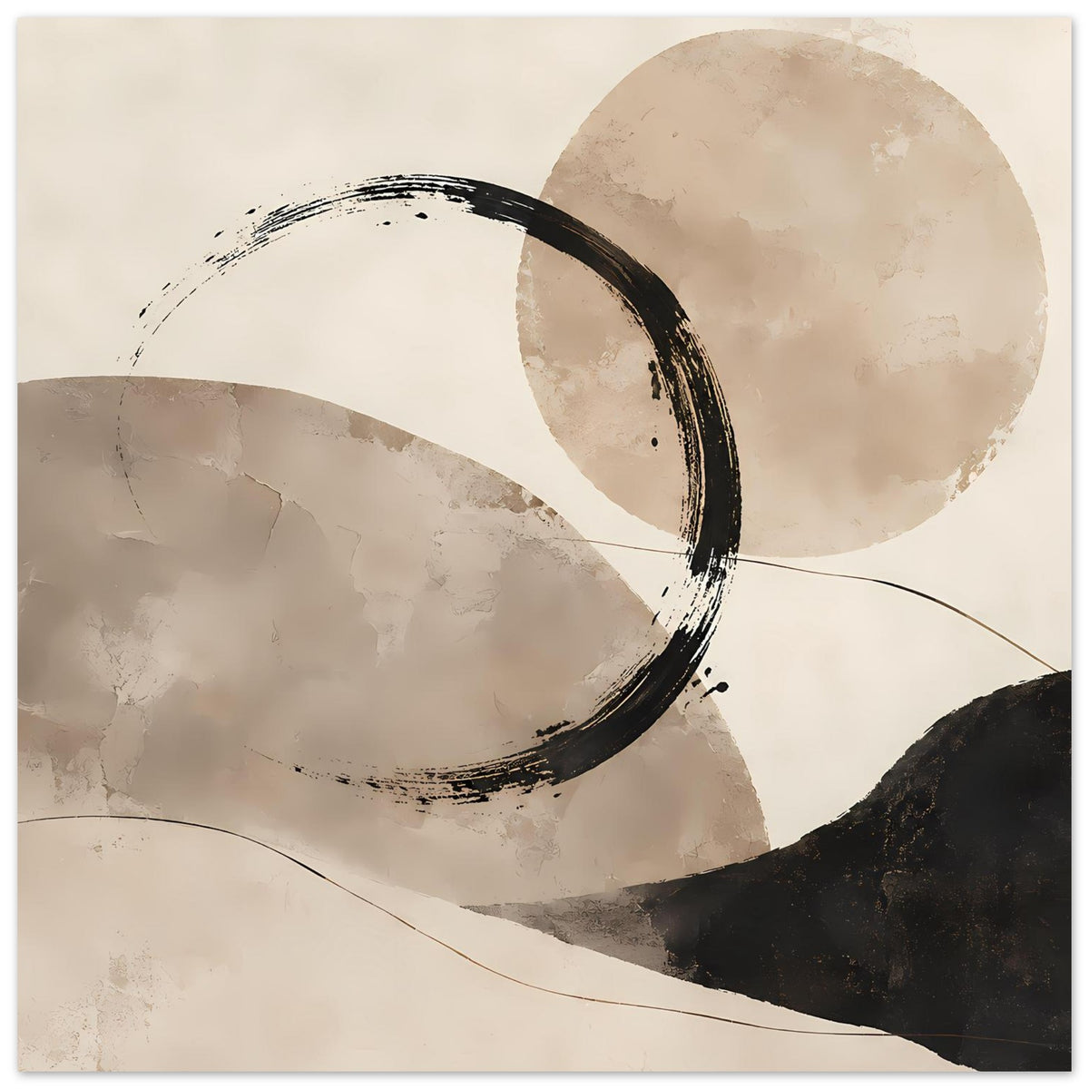 Hochkant-Abstraktes Poster mit beige Kreisformen, schwarzem Pinselring und feinen geschwungenen Linien.