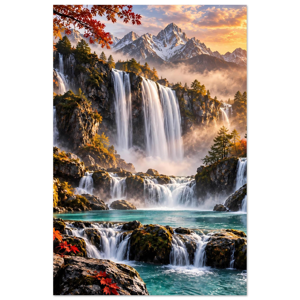 Poster: Wasserfall und Felslandschaft mit Tannen im Herbstlicht, goldene Dämmerung, Hochformat.