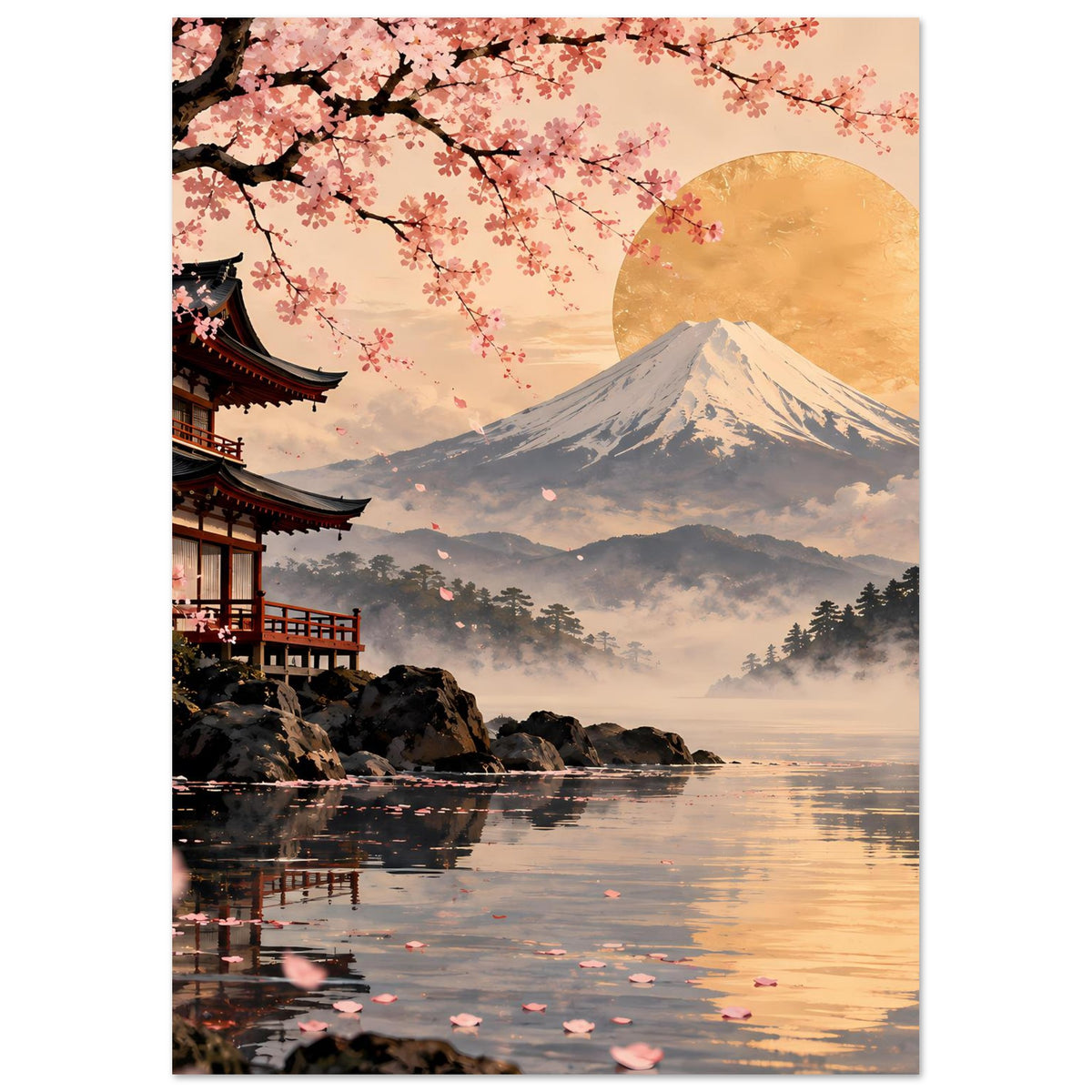 Hochformat-Poster mit Kirschblütenzweigen, Pagode links, Berg Fuji und Wasserreflexion