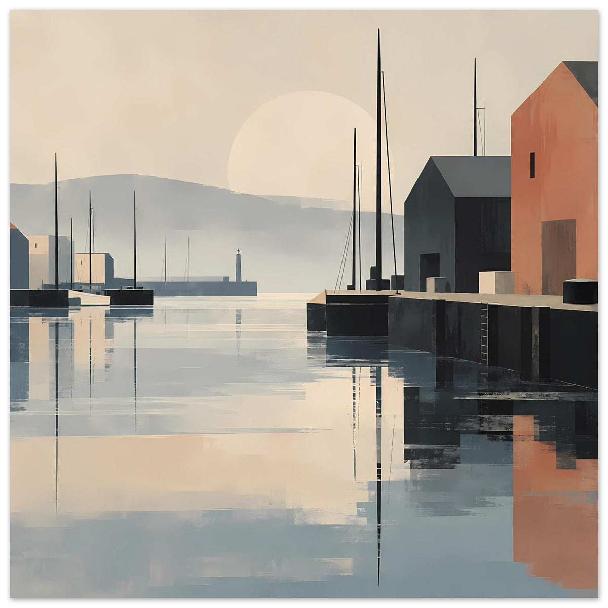 Hafenposter mit Yachthafen, hohen Masten, orangefarbener Hauswand und Wasserreflexion.