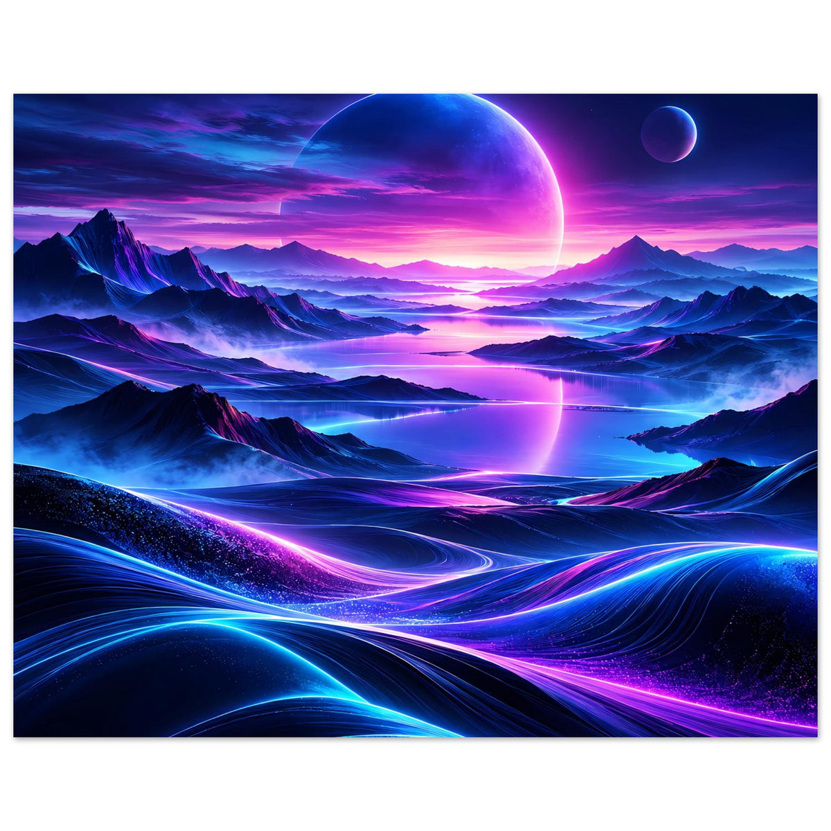 Horizontales Neon-Weltraum-Poster: großer leuchtender Planet, kleine Kugel, violette Lichtlinien