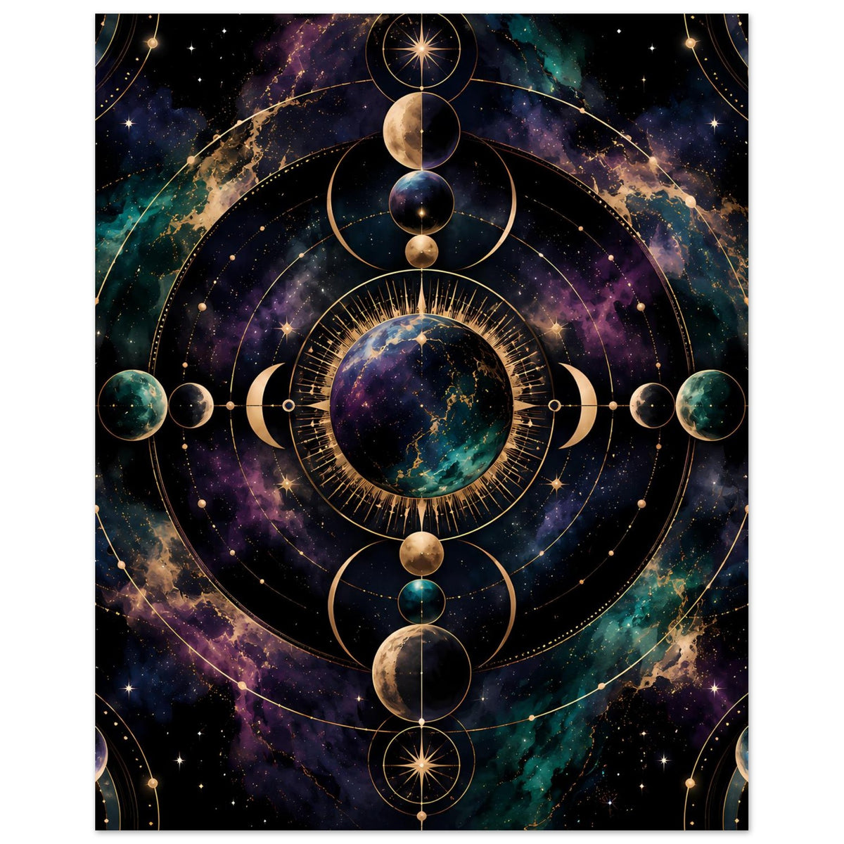 Poster mit Mondphasen-Illustration und schwarzem Rand, zentrale Planetenscheibe im Kreis