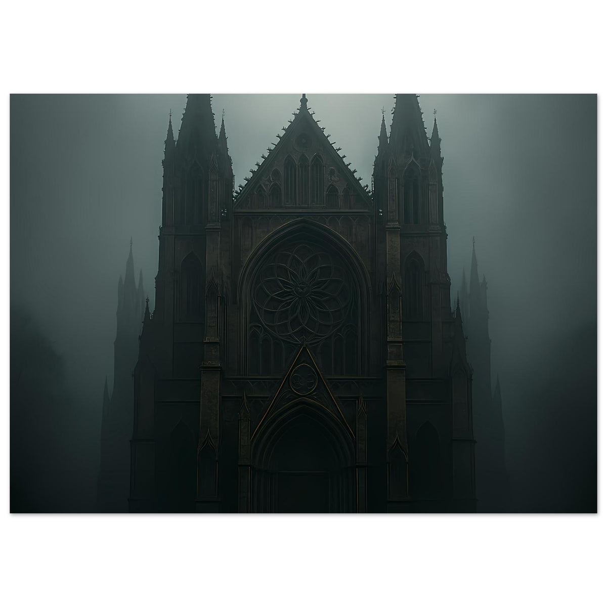 Gotisches Kathedralenposter, zentrierte gotische Kathedrale mit Portalbogen, Querformat