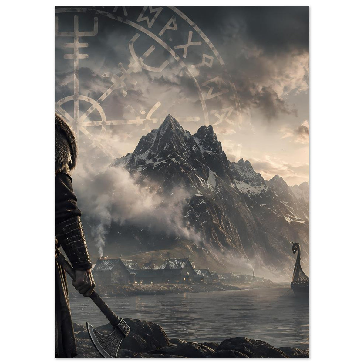 Wikingerposter: Krieger links vor Runenbogen, hohe Berge, Fjordwasser und Langschiff