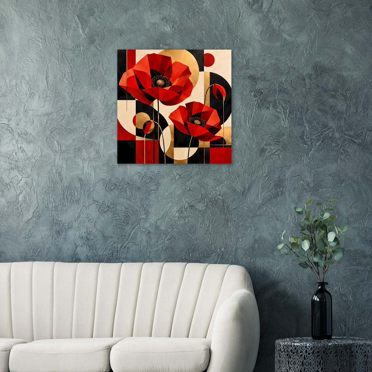 Gerahmtes Kunstposter: abstrakte rote Mohnblumen mit goldbeigen Formen und schwarzen Linien