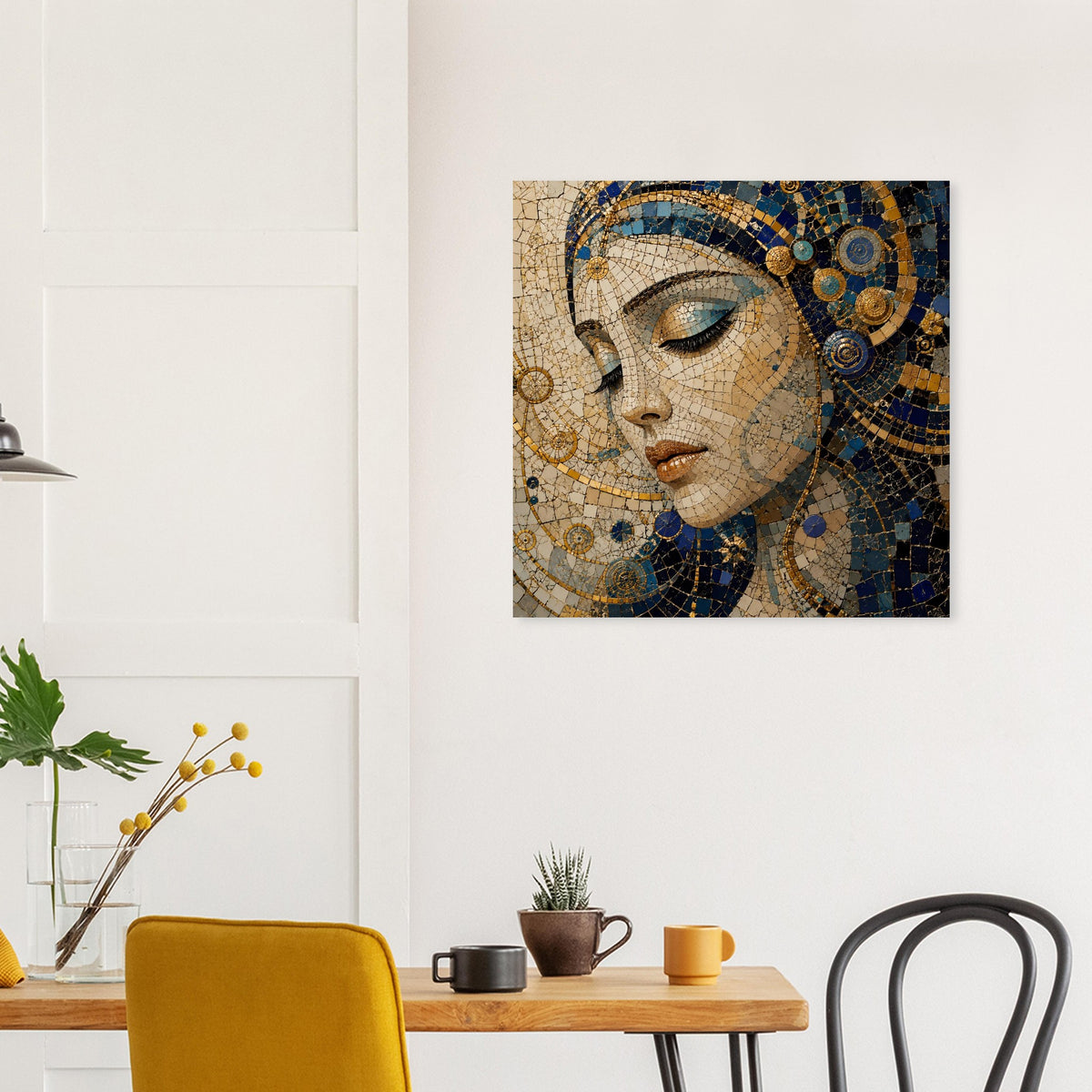 Mosaik-Porträtposter mit Frauengesicht im Blau-Gold, Blick nach unten
