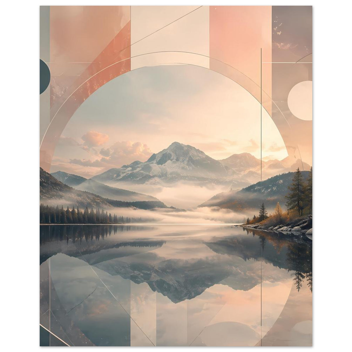 Wandposter im Hochformat: Bergsee-Motiv mit großem Kreis und geometrischen Rechtecken