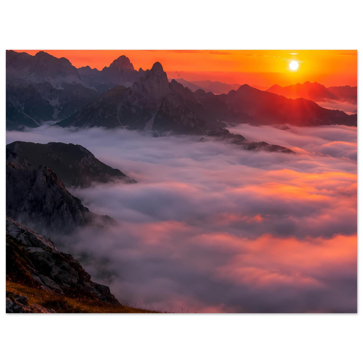 Poster im Querformat: Sonnenuntergang über Bergen, Wolkenmeer mit orangegelber Sonne