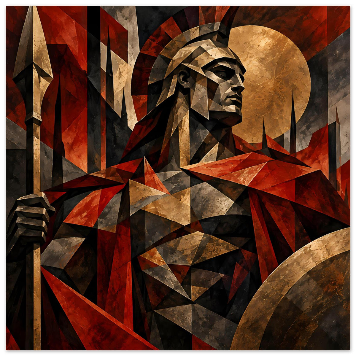 Poster im Querformat: Spartanerkrieger in Rot und Gold mit Dreiecks-Mosaik, Figur mittig.