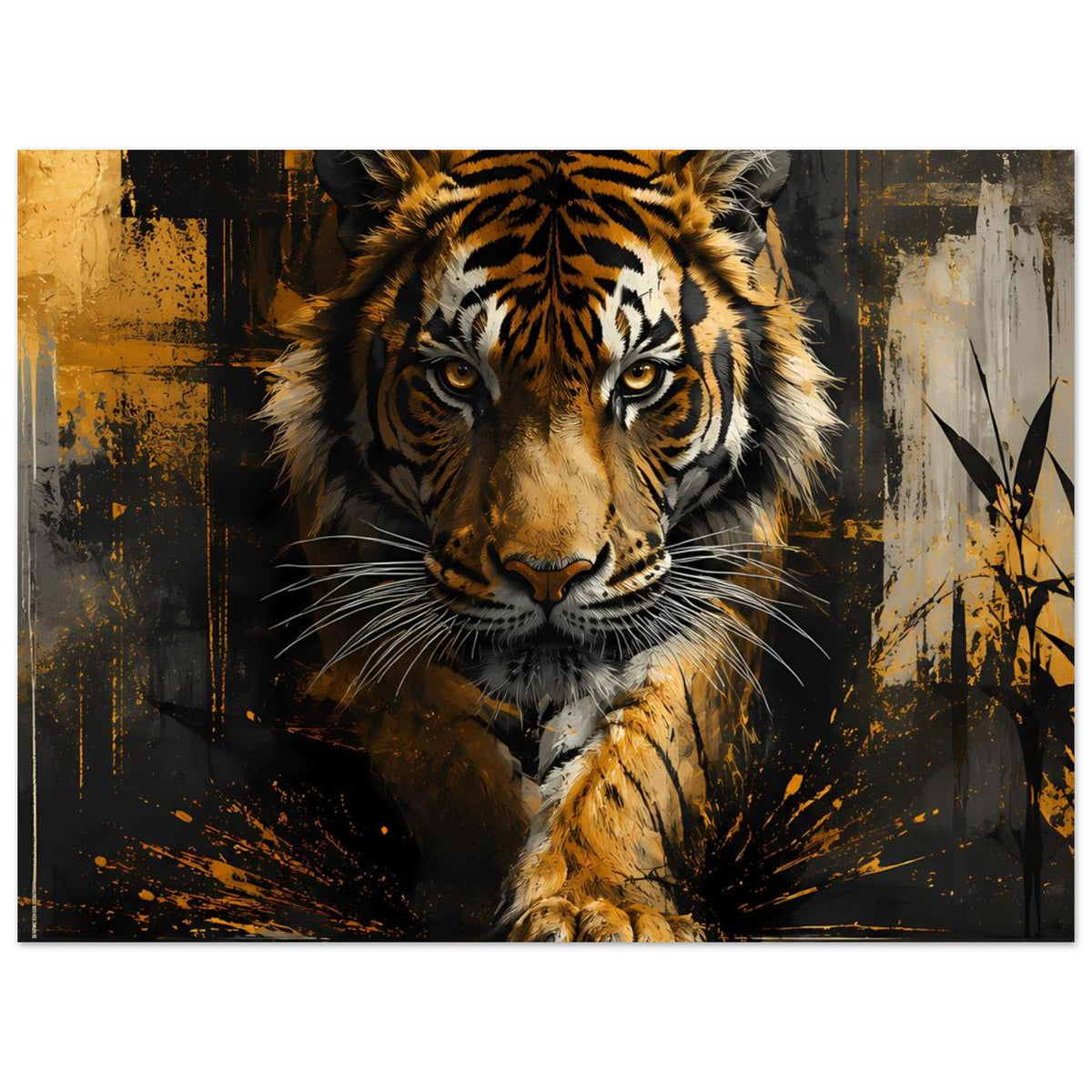 Tigerposter mit tigerischem Blick, goldgelbe Akzente und schwarze Streifen im Motiv