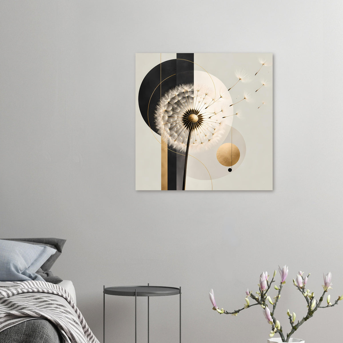 Kleines Dandelion-Poster: Pusteblume mit goldenen Akzenten und schwarzen Elementen
