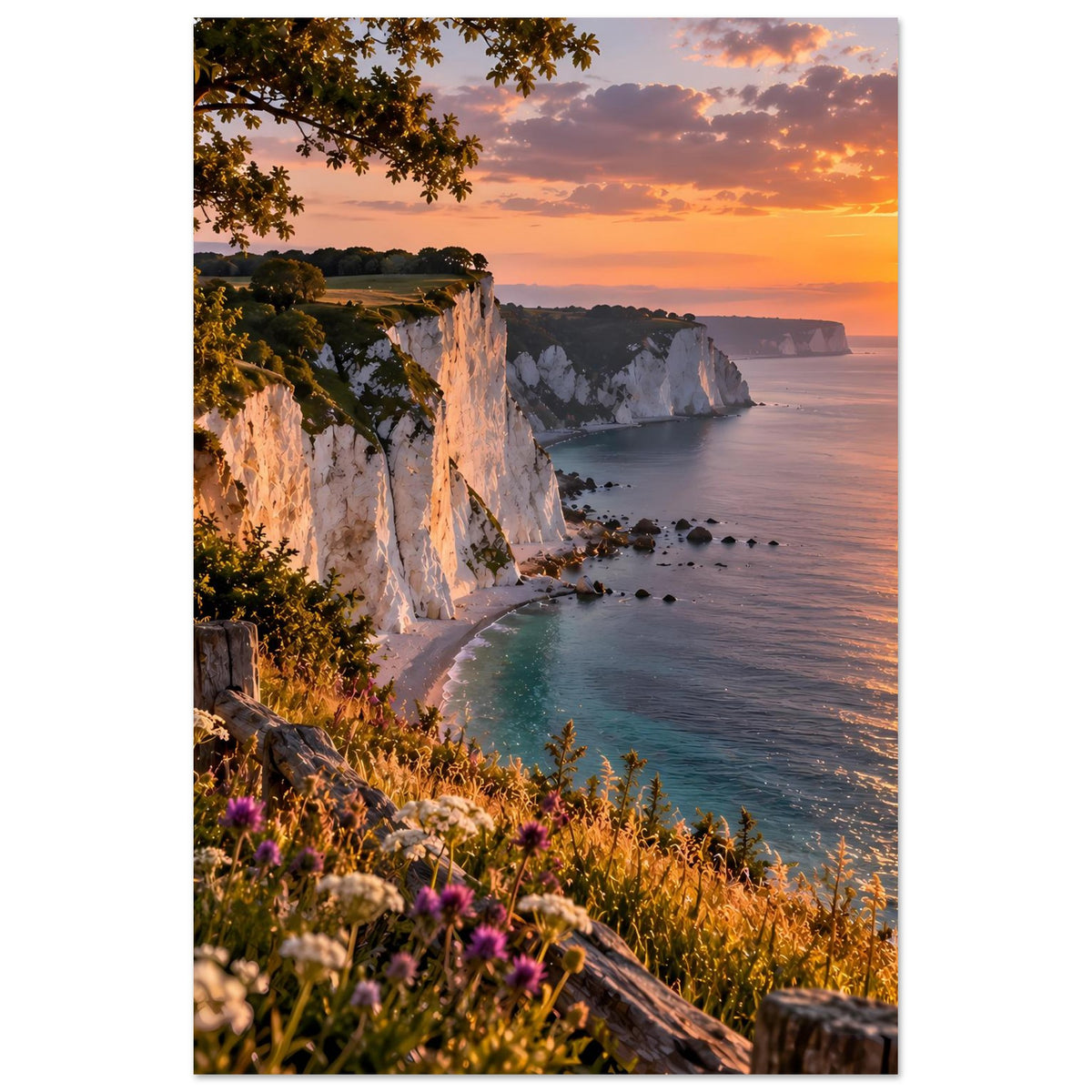 Poster mit weißen Kreidefelsen, Blumenwiese und Meer bei Sonnenuntergang (hochformat)