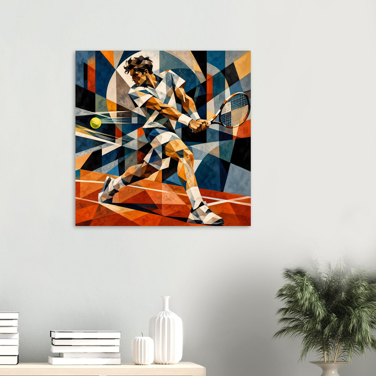 Kunstposter: abstrakter Tennisspieler, Schläger und Ball, geometrisches Blau-Orange