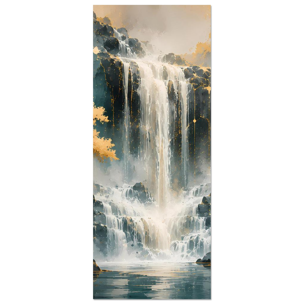 Kunstdruck-Poster (Hochformat) mit Wasserfall und Fluss, Gold- und Blautöne