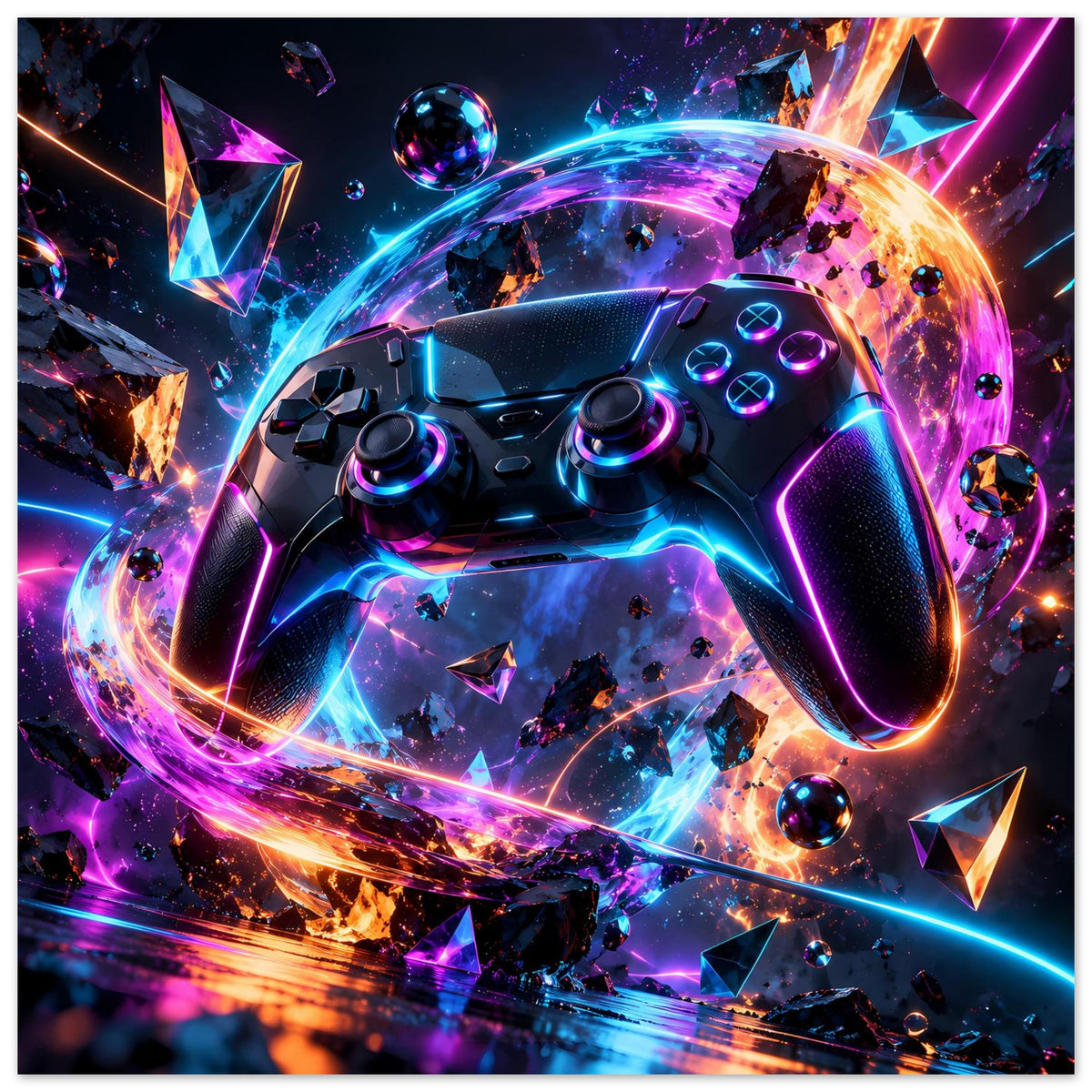Futuristisches Gaming-Controller-Poster, großflächige Neongrafik mit Controller in Blau und Pink
