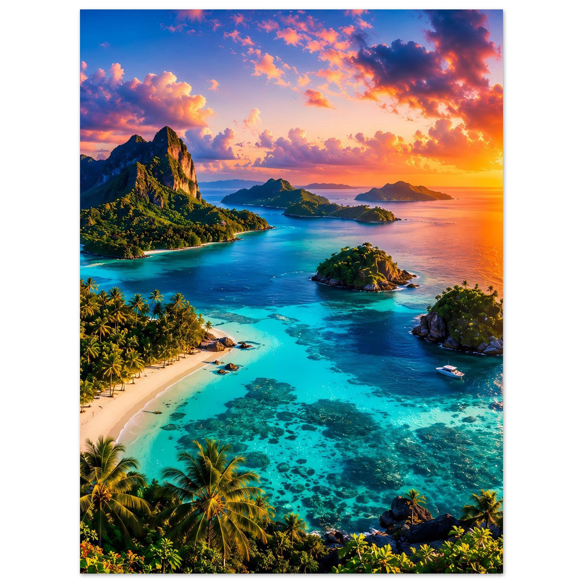 Vertikales Poster: türkisfarbene Lagune, Sandstrand und Inseln bei Sonnenuntergang