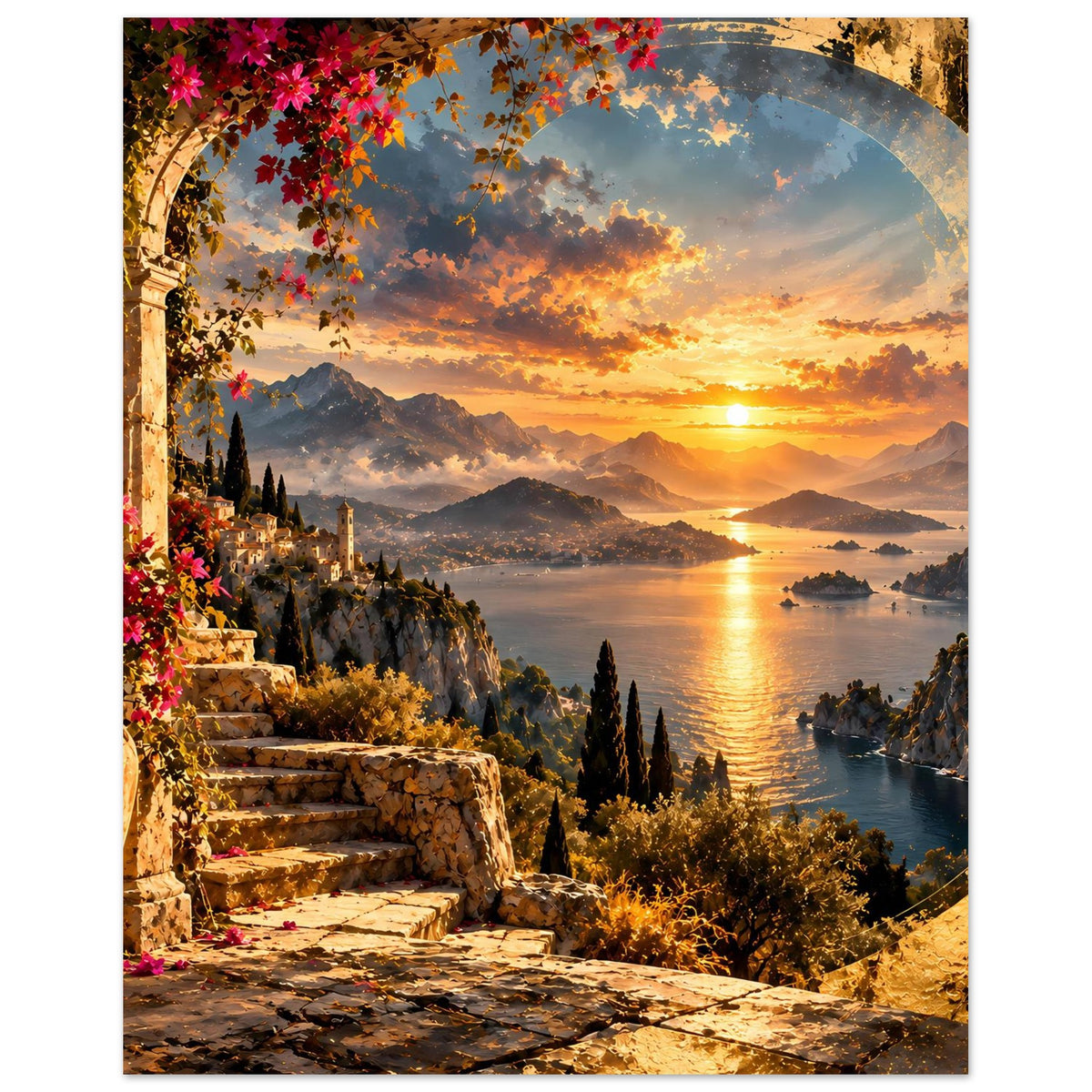 Küstenposter mit Balkonstufen, Sonnenuntergang über Wasser und Berglandschaft