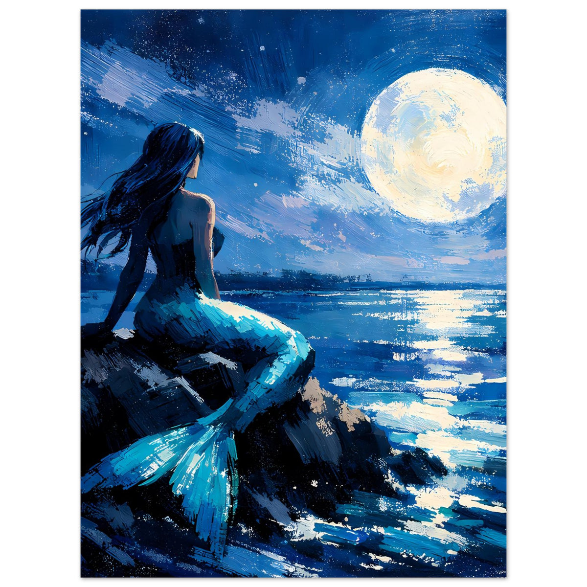 Kunstposter mit Meerjungfrau im blauen Kleid, sitzend am Wasser, großer Mond im Hintergrund
