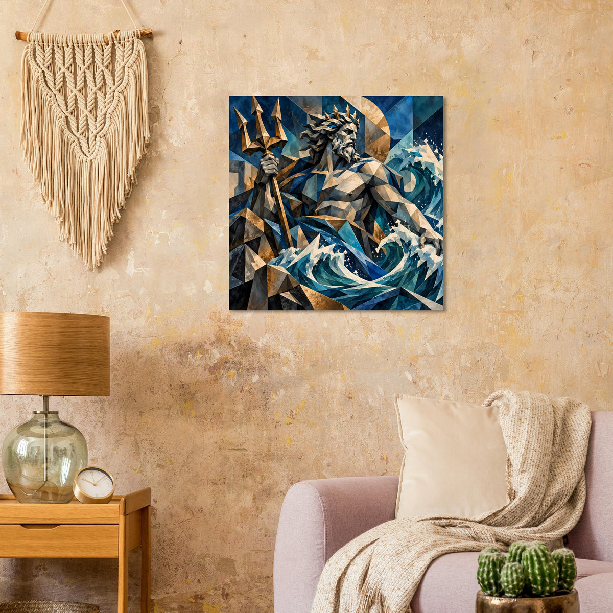 Quadratisches Mythologie-Poster: Poseidon in Ozeanblau mit goldenen Akzenten und Wellen-Look