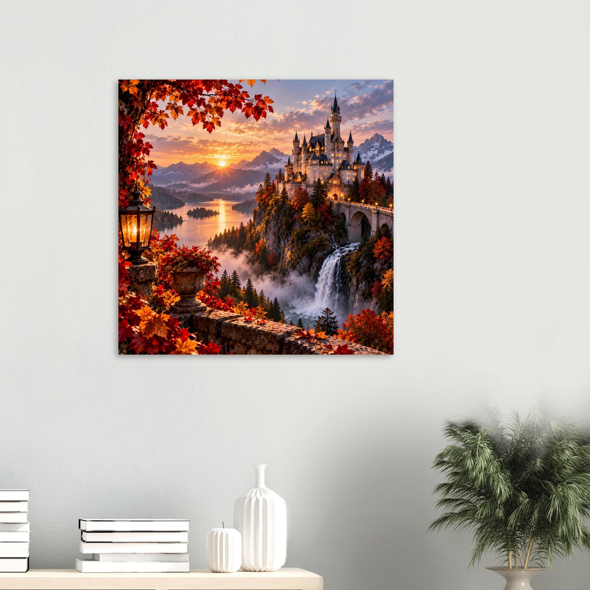 Quadratisches Poster mit Schloss bei Sonnenuntergang und buntem Herbstlaub, matte Oberfläche