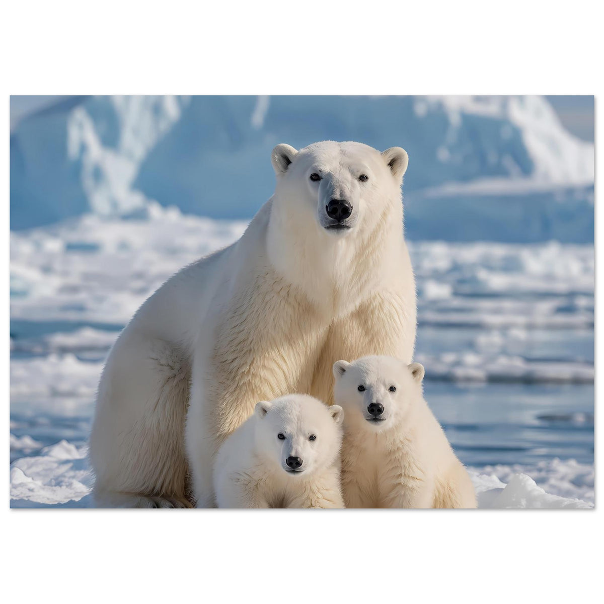 Kunstdruck mit Eisbärenfamilie: großer Bär im Hintergrund und zwei Jungtiere im Schnee