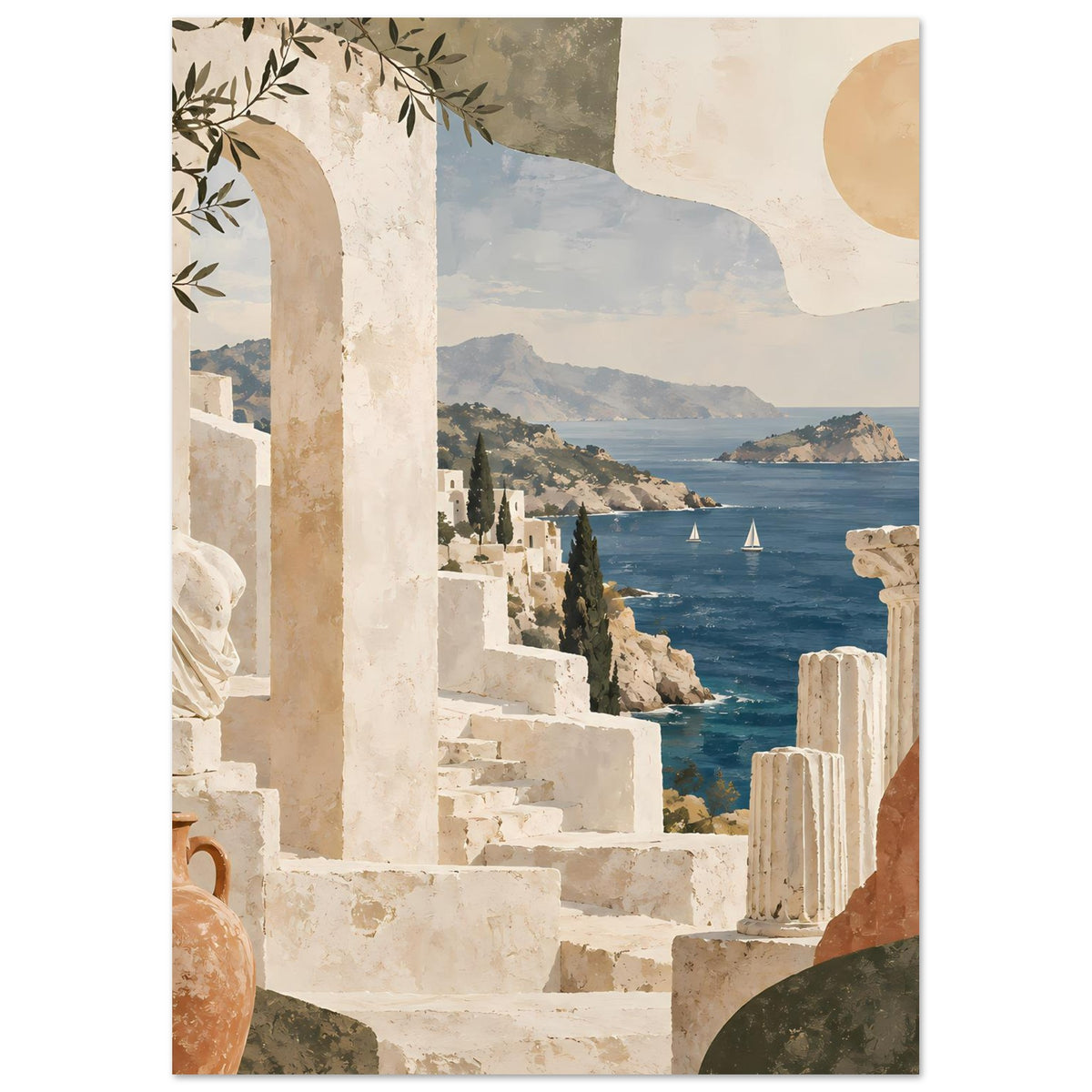Urlaubs-Poster (Ausschnitt) mit Küstenarchitektur: Säulen rechts, Wasser und Boote