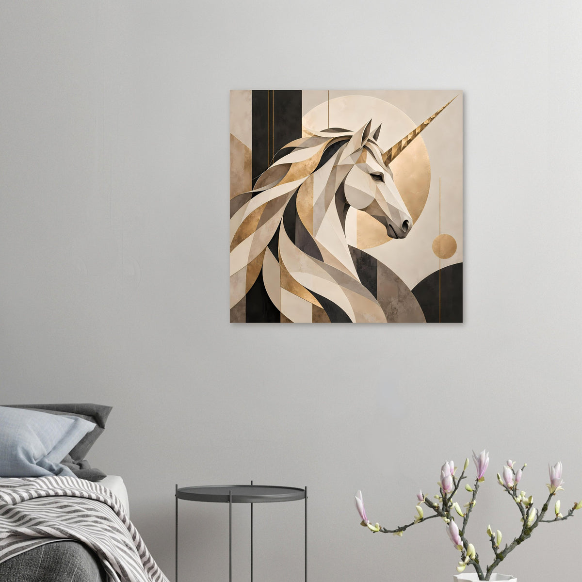 Gerahmtes Einhorn-Porträtposter, klein und quadratisch wirkender Ausschnitt, abstrakte Goldakzente