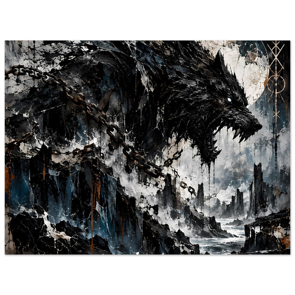 Großes Wolfsplakat mit Kettenkette, dunkler Flügel- und Wolfssilhouette, Blau-Grau