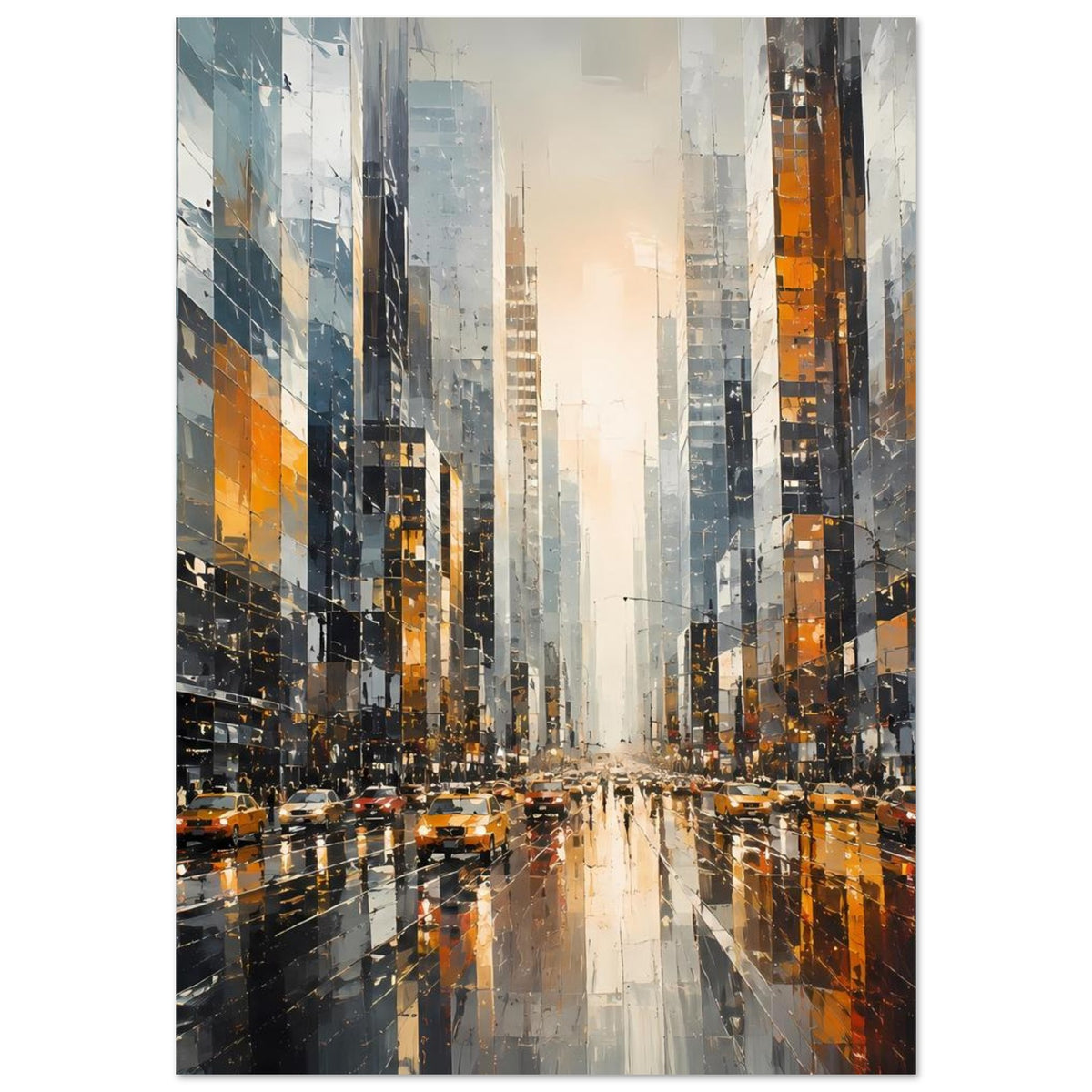 Großstadtstraßen-Poster mit gelben Taxis, spiegelnder Straße und leuchtenden Gebäudefronten