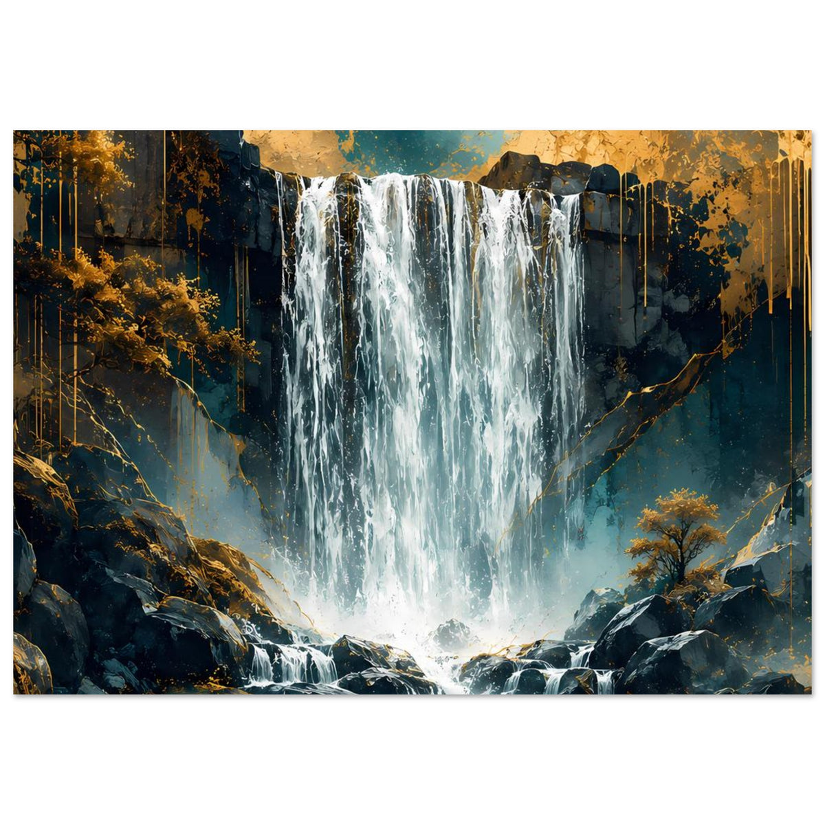 Wasserfall-Poster mit zentralem Wasserfall, Felswänden und goldfarbenen Baumkronen