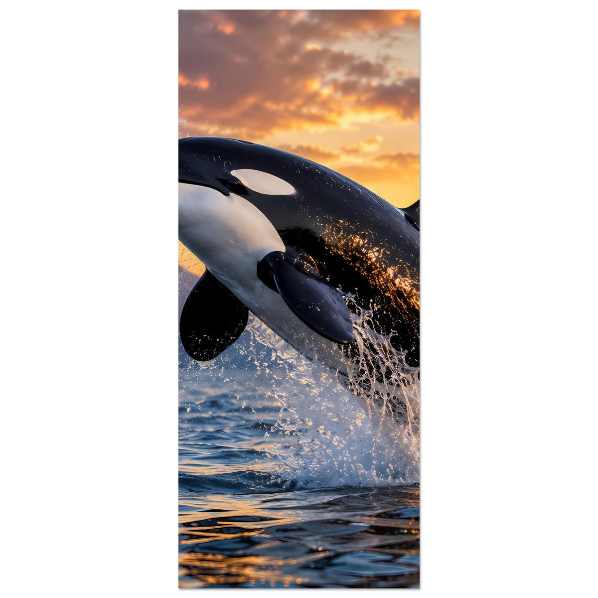 Orca-Sprung-Poster im Hochformat: springende Orca mit Spritzwasser, schwarz-weiße Zeichnung.