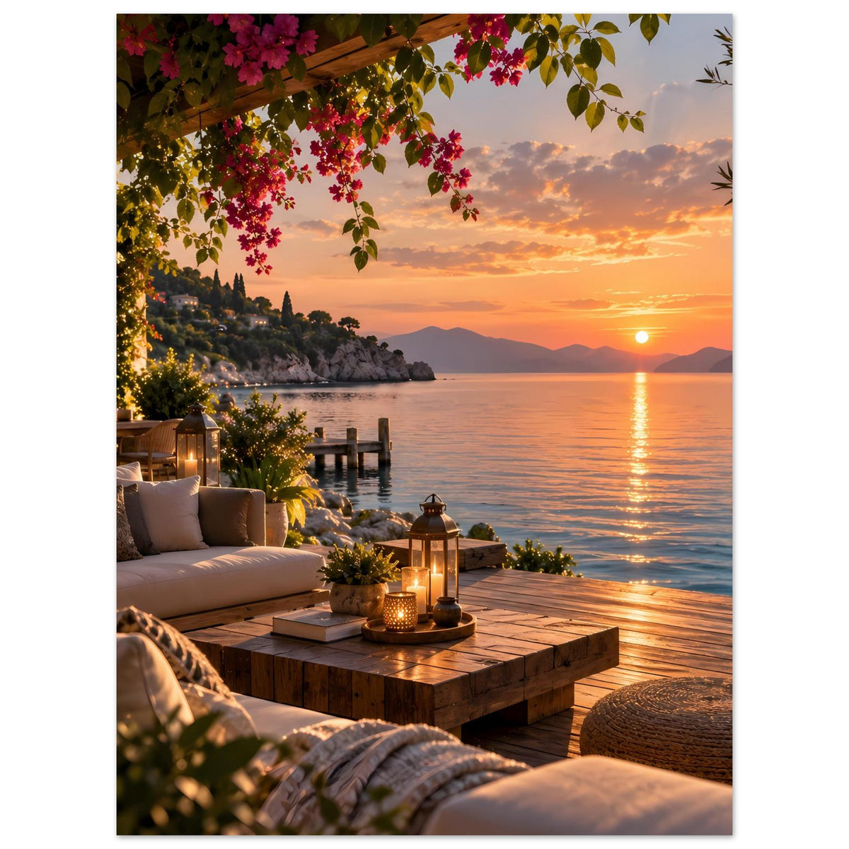Küsten-Terrassenposter mit Sofa, Holztisch und Bougainvillea bei Sonnenuntergang