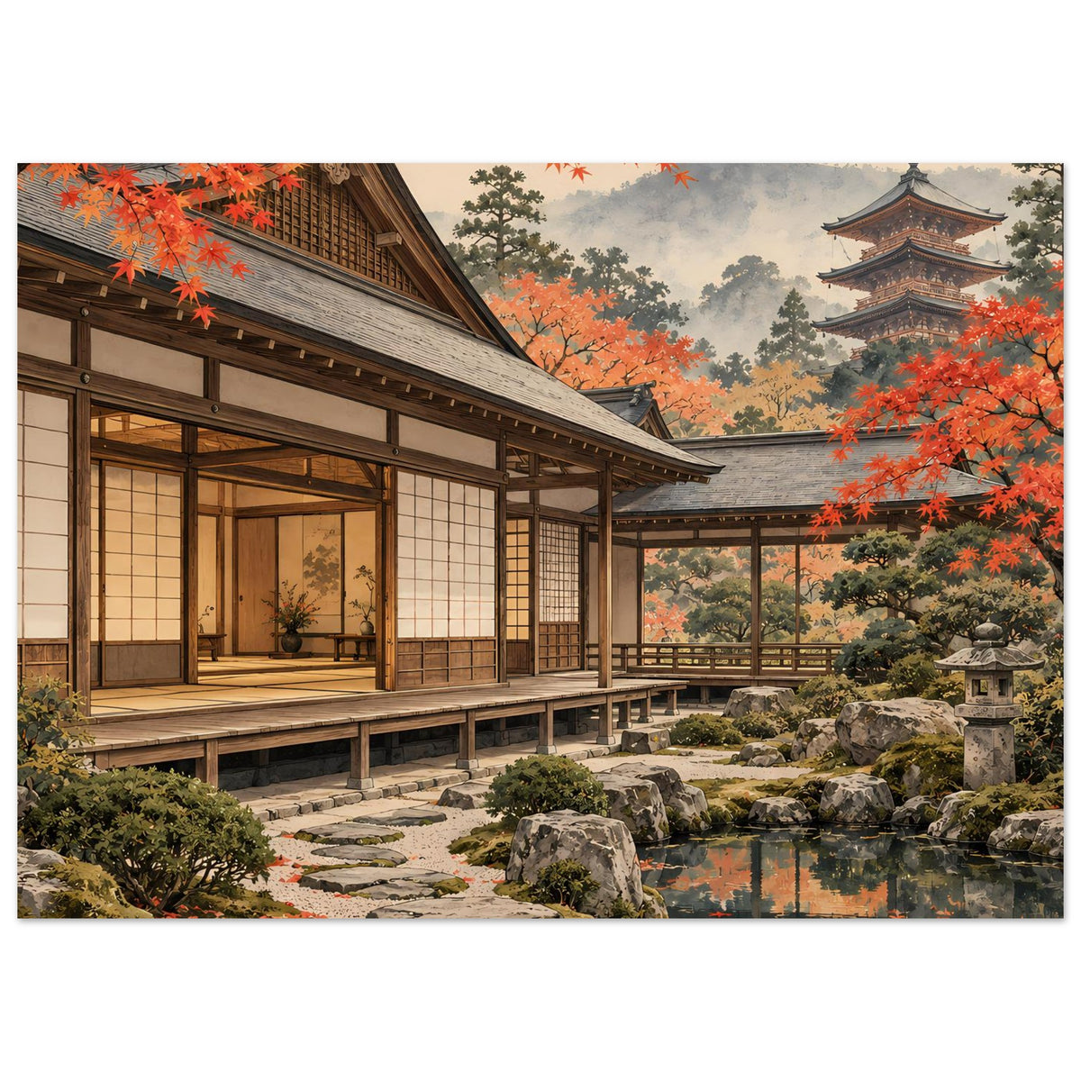 Querformat-Poster: traditionelles Holzhaus im japanischen Garten mit Herbstfarben und Teich.