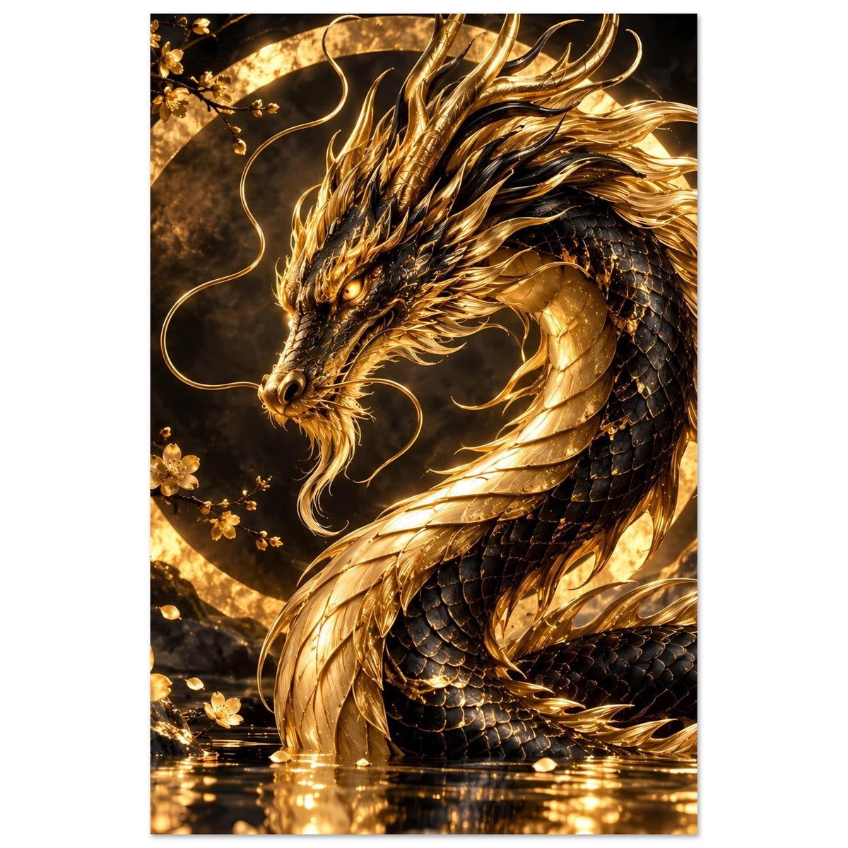 Poster mit goldener Drachenfigur, markantem Kopf, Schuppenbogen und spiralförmigen Linien