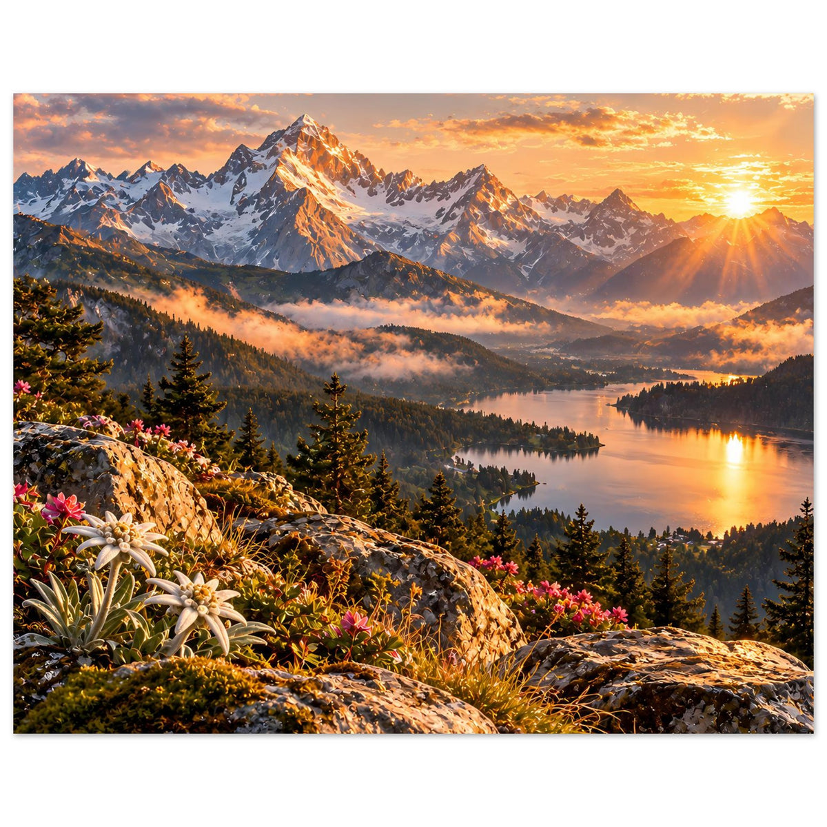 Querformat-Landschaftsposter mit Sonnenaufgang über Bergen, See, Felsen und blühender Vegetation