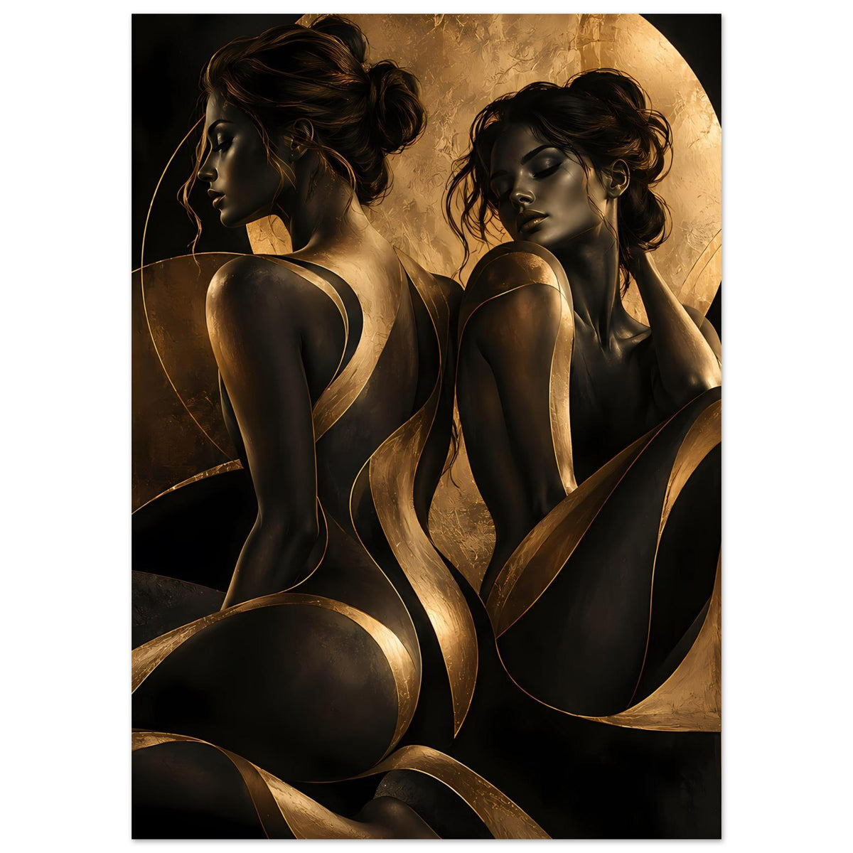 Kunstposter mit zwei weiblichen Akt-Silhouetten in Schwarz-Gold, Rundlicht im Hintergrundmotiv