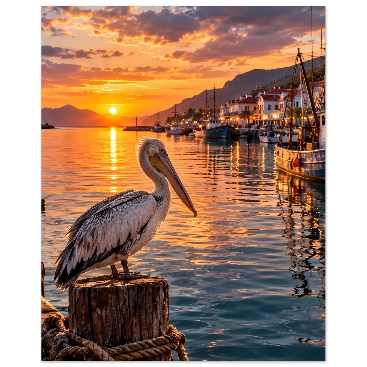 Premium-Poster: Pelikan auf Holzpfahl am Wasser, Hafen mit Segelbooten bei Sonnenuntergang
