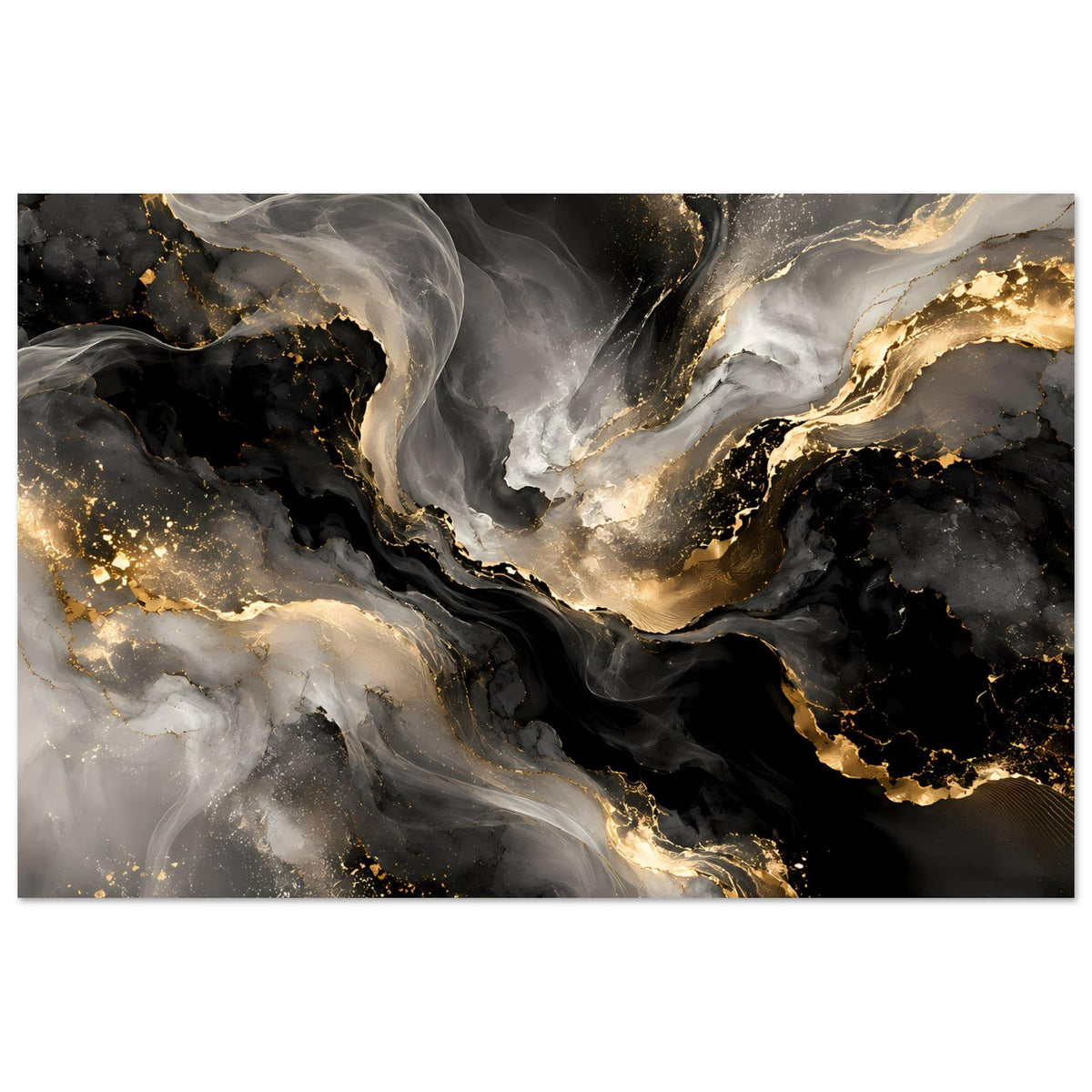 Abstraktes Kunstposter mit goldenen Einschlüssen, schwarzem Hintergrund und grauen Wolkenstrichen