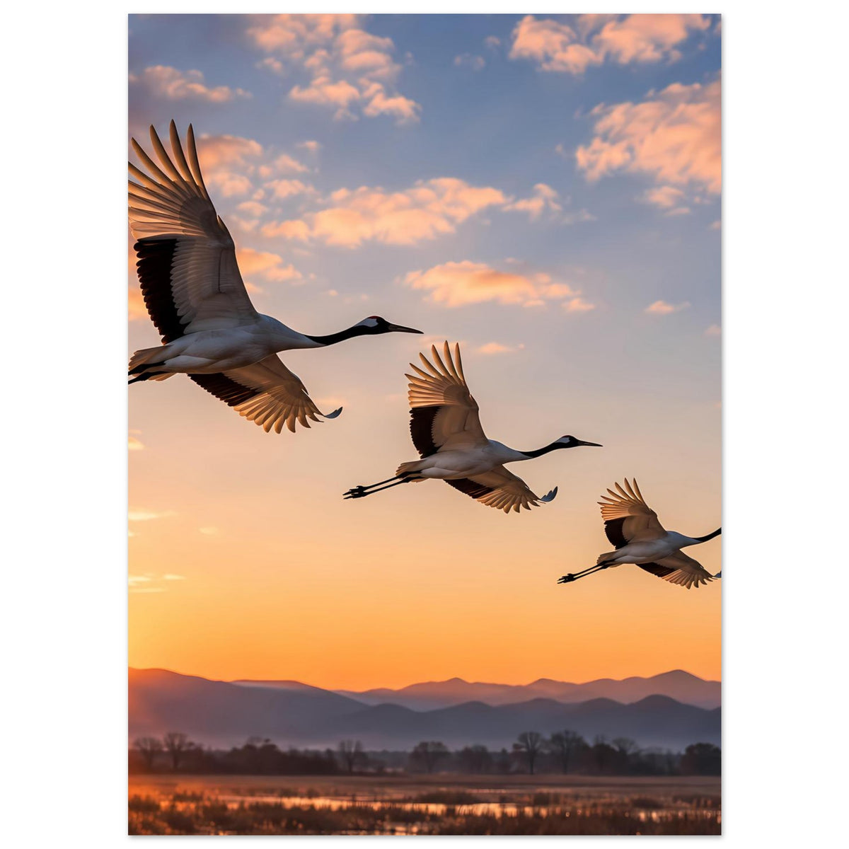 Poster: Kraniche im Flug bei Sonnenuntergang, unterer Landschaftsrand mit Wasser