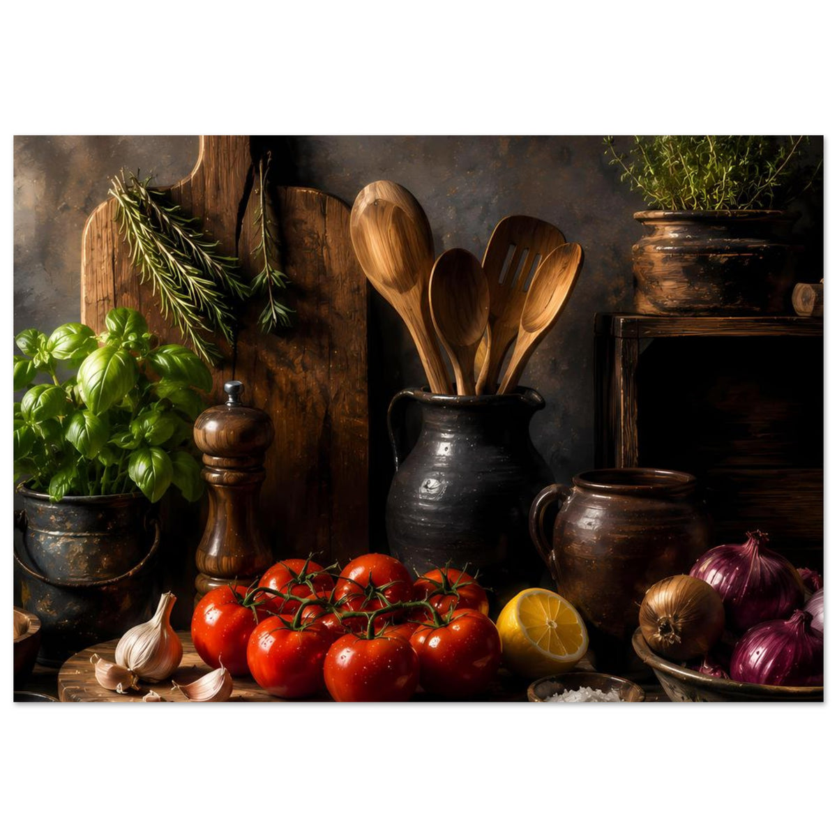 Küchen-Still-Life Poster mit roten Tomaten, Zwiebeln, Kräutern und Holzlöffeln im Topf