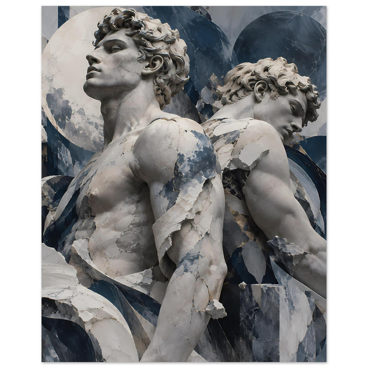 Hochformat-Poster mit zwei Engelstatuen, Blickprofile der Figuren in Weiß-Grau-Blau
