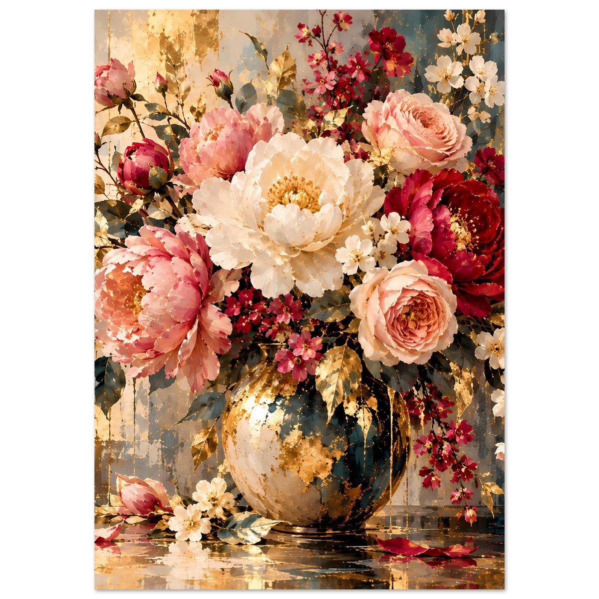 Blumenposter im Hochformat: zentrale Vase mit Rosen und Blüten in Rosa- und Rottönen
