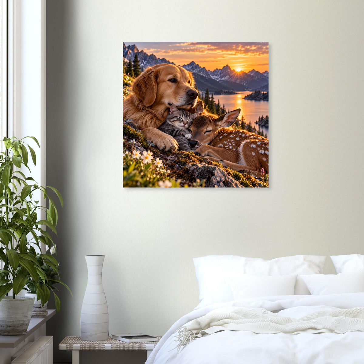 Tiermotiv-Poster mit Hund und Katze auf Blumenwiese vor Bergen und Sonne